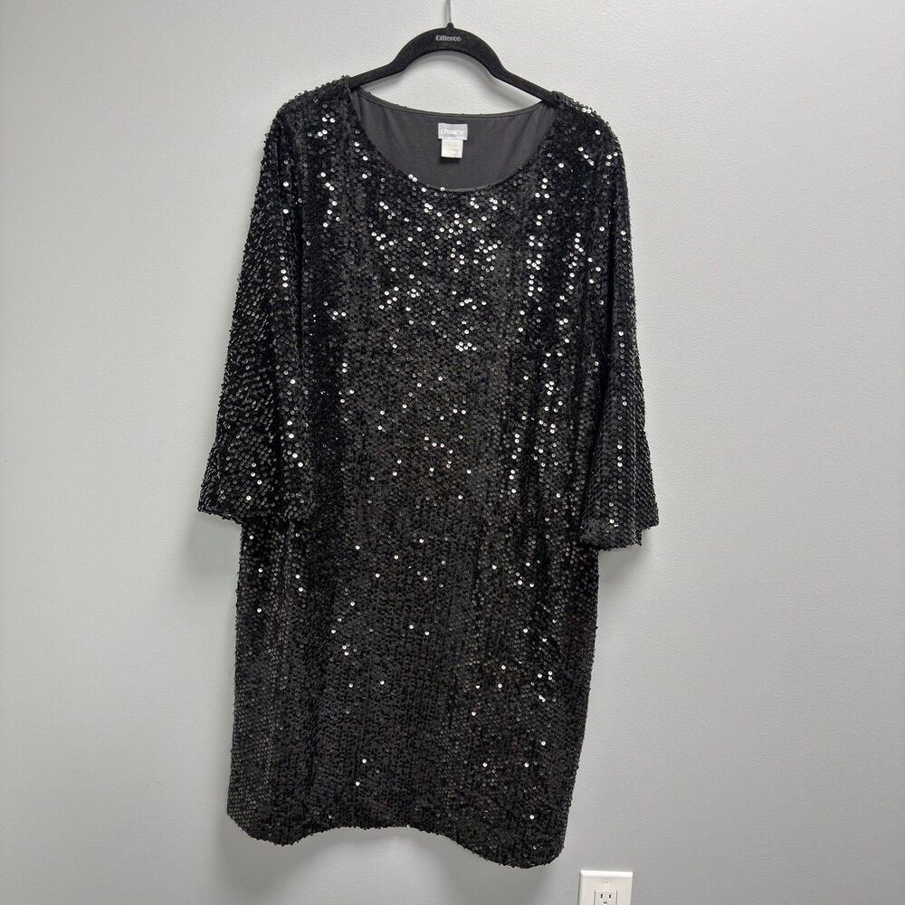 Chico's Black Velvet Sequin Bell Sleeve Dress Sz US XL Great for the holidays